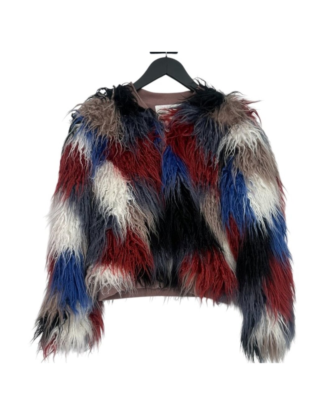 ASTR the Label Jacket Women's M Blue Red Patchwork Shaggy Faux Fur Cropped Coat